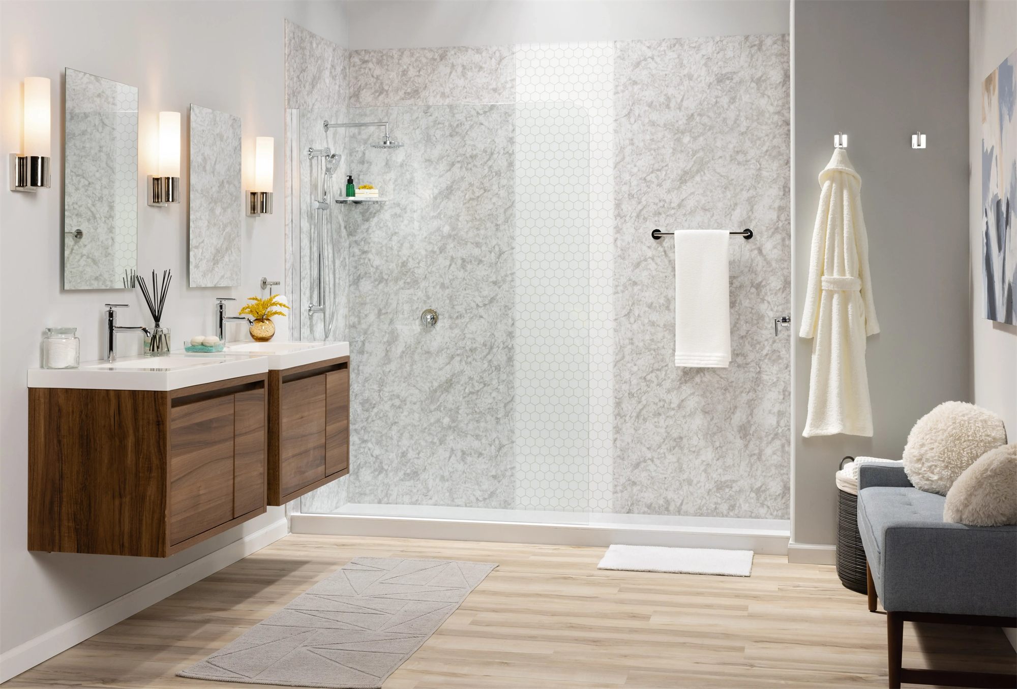 Finished bathroom with a walk-in shower and stone-look wall panels