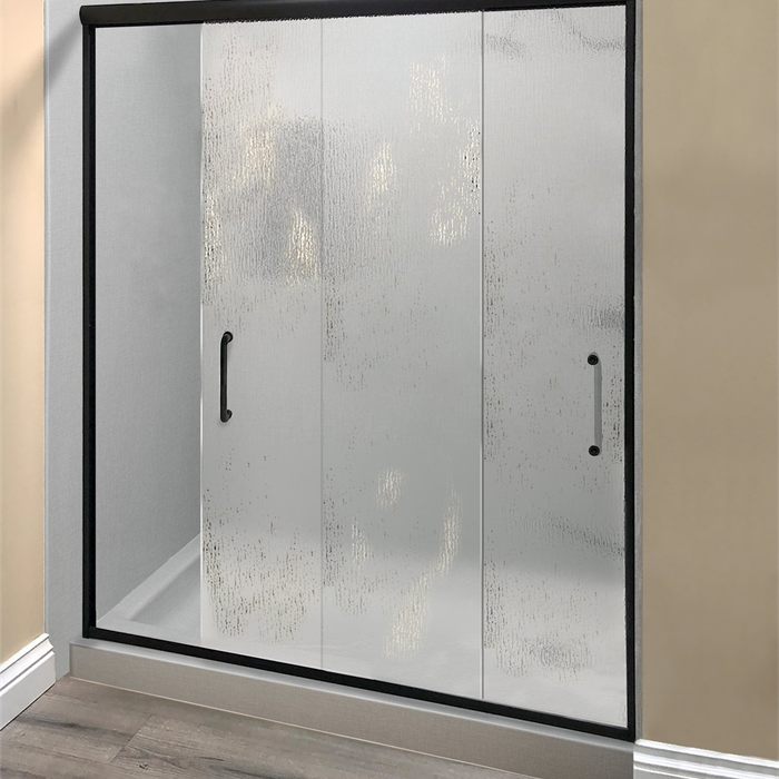 Sliding shower enclosure in rain glass with a matte black frame