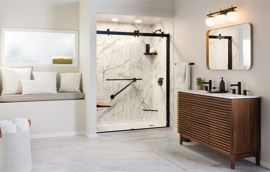 Full bathroom remodel with a black-framed sliding shower door, window seat and walnut vanity